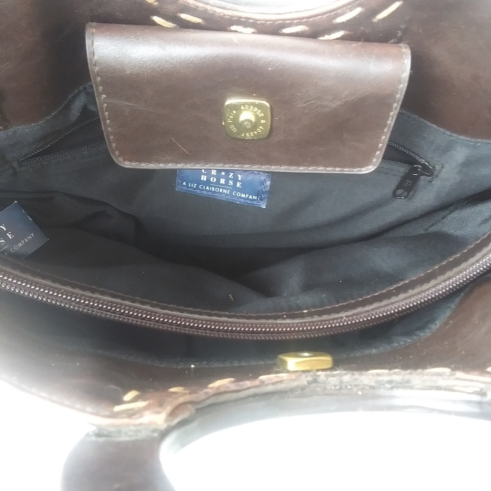 Vintage Liz Claiborne Crazy Horse  Round Handle Faux Leather Bag, Dark Brown - Picture 7 of 15